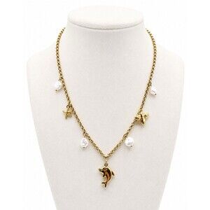 18K Gold Plated Bumblebee Dolphin Starfish Faux Pearl Charm Necklace Coastal NWT